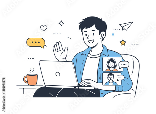 Virtual Meeting Vibes. Online video chat. A person sits comfortably with a laptop, smiling during a virtual meeting or call. The mood is relaxed, modern, and