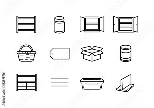 Minimalist Kitchen Icons. Empty kitchen storage. Line icon set of Empty kitchen storage: bare shelf unit, single spice jar, cabinet with no items, open pantry