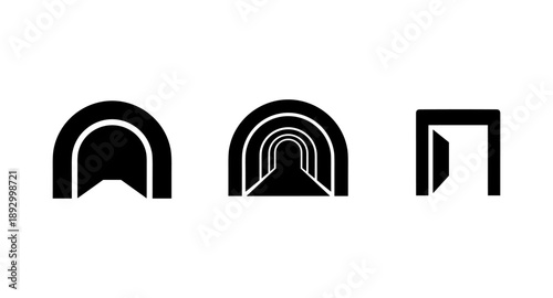 Set of three abstract black tunnel and doorway icons on a white background