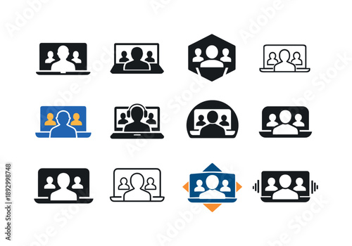 Virtual Meeting Logos. Daily work routine scenes. Icon set. Set Logo of Daily work routine scenes: joining virtual meeting. harmonious logo variations of the