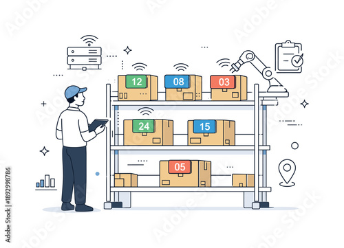 Smart Factory Design. Smart factory inventory solution. Automated shelves and sensors monitoring stock levels with digital indicators above boxes. Clean