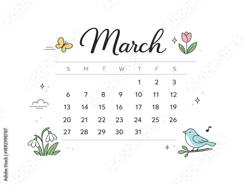 Minimalist March Design. March calendar page design. Minimal monthly layout with clear typography and a few gentle seasonal accents hinting at spring. Plenty
