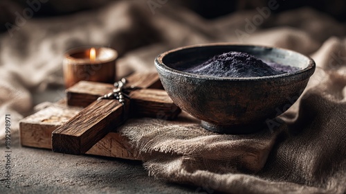 A still life of a wooden cross, a bowl of ashes, and a lit candle on a rustic cloth for Ash Wednesday