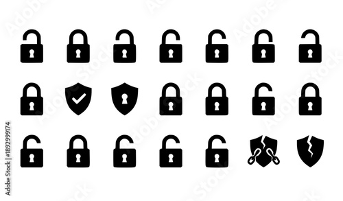 Lock and unlock solid icon set for security and privacy vector design