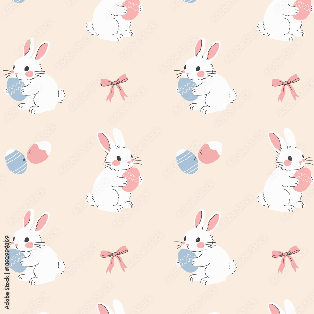 Obraz premium Seamless vector pattern with cute Easter bunnies and eggs.
