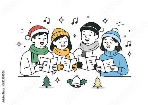Joyful Caroling Scene. Singing Christmas carols together. A small group standing close, holding song sheets and singing with gentle smiles. Warm festive spirit