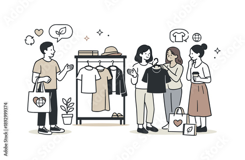 Conscious Fashion Choices. People choosing clothes consciously. Friends discussing outfit choices near a small wardrobe, creating a relaxed editorial scene