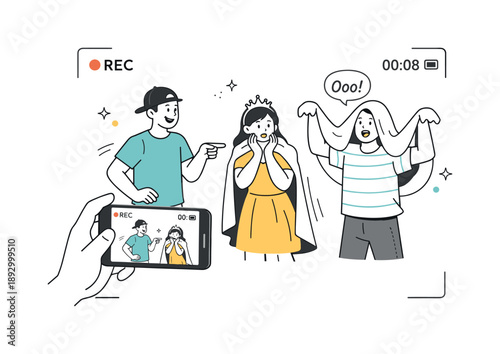 Joyful Skit Recording. Casual video creation. Friends acting out a short skit while one holds the phone, joyful energy and spontaneous gestures, symbols of