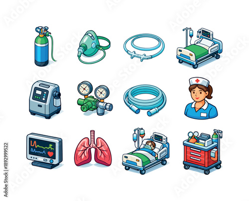 Medical Oxygen Icons. Medical oxygen. Colorful isometric vector icons set of Medical oxygen: oxygen tank, oxygen mask, nasal cannula, hospital room, ICU bed,