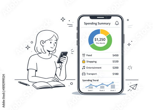 Personal Finance Interface. Personal finance app UI. A phone interface showing spending categories and charts, calmly reviewed by a user. Clear money