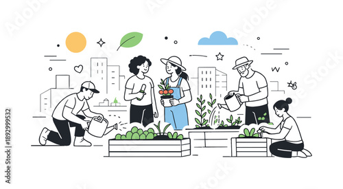 Rooftop Gardening Bliss. Urban gardening community. People caring for plants on a city rooftop garden, watering greenery and chatting calmly.