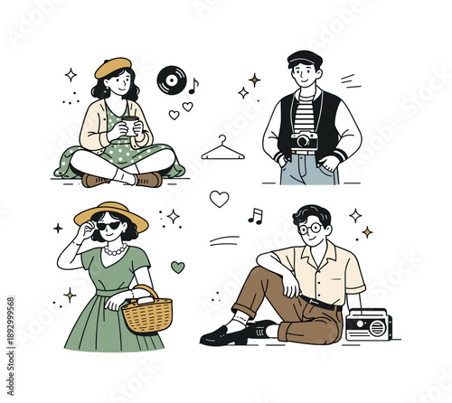 Retro Chic Vibes. Vintage clothing lifestyle. People wearing carefully chosen vintage outfits, relaxed poses and warm expressions, expressing individuality,