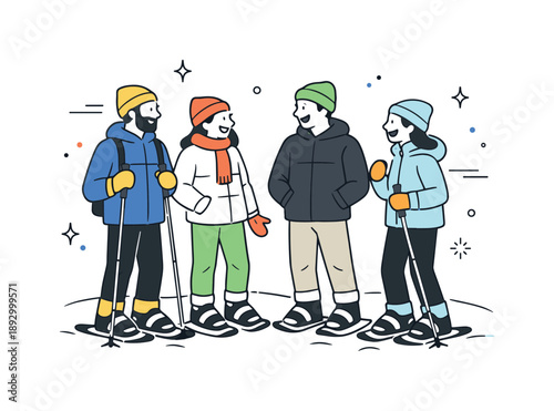 Snowshoeing Friends Laughing. Friends snowshoeing together. Friends stopping to talk and laugh while standing in the snow. Social connection and relaxed