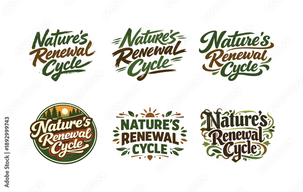 Fototapeta premium Nature's Lettering Grid. Nature?s renewal cycle. Set lettering. harmonious lettering variations of the same emblematic concept, each with different artistic