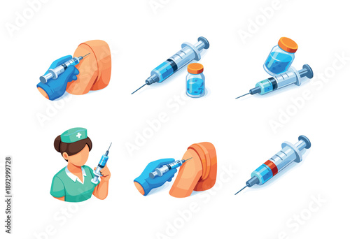 Colorful Injection Icons. Injection. Isometric flat vector icons set of Injection: syringe giving injection, vaccine injection syringe, medical shot delivery,