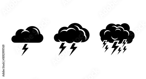 Set of black cloud and lightning bolt icons representing weather conditions