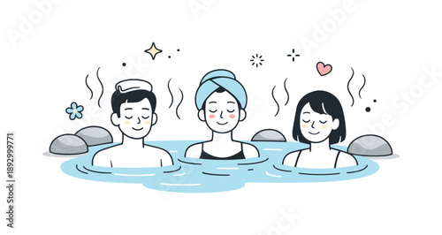 Hot Springs Serenity. People at hot springs relaxation. Individuals soaking quietly with eyes closed or gentle smiles, mindfulness and slow-paced rest.