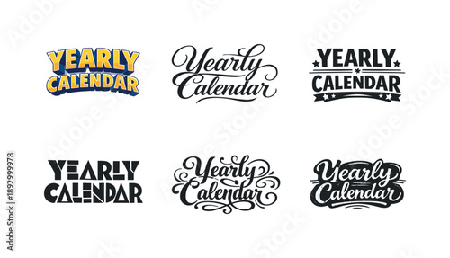 Creative Lettering Grid. Yearly Calendar Header. Set lettering. harmonious lettering variations of the same emblematic concept, each with different artistic