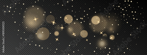 Golden light bokeh with glowing particles and star sparkles creates magical festive atmosphere on dark background with shimmering dust effects and warm luminous flares
