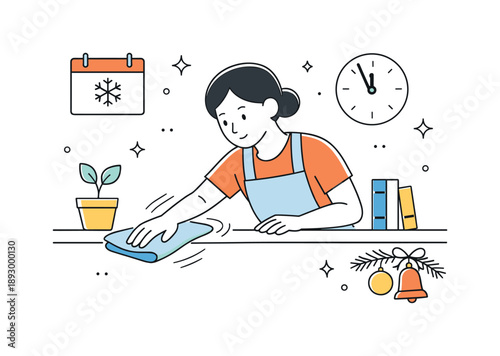 Pre-New Year Cleaning. Cleaning house before New Year dusting. Person wiping surfaces and shelves with a cloth, gentle motion lines showing action. Care,