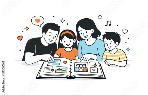 Family Scrapbook Moments. Sharing family stories. A family reviewing a completed scrapbook together, smiling and pointing at favorite pages. Warm, calm