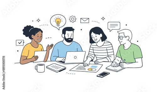Collaborative Workspace Scene. Collaborative project scene. A diverse group working together with documents, laptops, and shared ideas. Calm productivity and