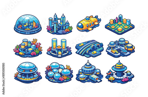 Seabed Metropolis Icons. Seabed metropolis. Colorful isometric vector icons set of seabed metropolis: large underwater city dome, high-rise sea towers,