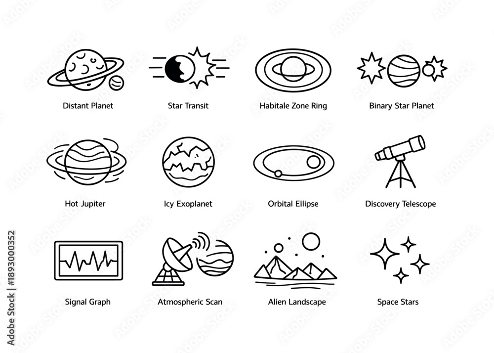 Fototapeta premium Exoplanet Line Icons. Exoplanets. Line icon set of Exoplanets: distant planet, star transit, habitable zone ring, binary star planet, hot jupiter,