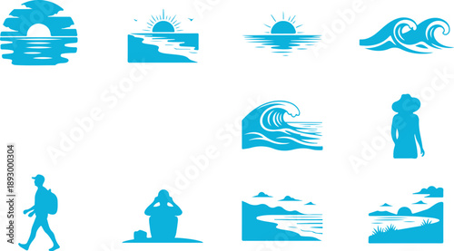 Collection of vibrant blue summer vacation and beach scene icons