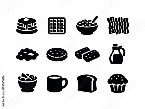 American Breakfast Icons. American breakfast. Solid icon set of American breakfast: pancakes stack, waffle, cereal bowl, bacon strip, scrambled eggs, sausage