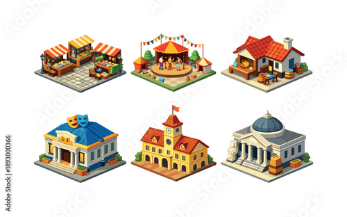 Local Culture Icons. Local culture travel. Isometric flat vector icons set of Local culture travel: traditional marketplace street, folk festival square,