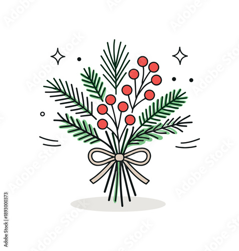 Winter Floral Bouquet. Winter floral bouquet illustration. Minimal bouquet of evergreen branches and red berries tied together, creating a calm and cozy