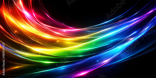 Abstract colorful background featuring glowing blue lines and flowing rainbow waves that create a bright motion energy design on a black fractal texture backdrop