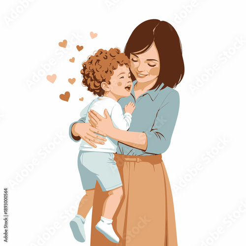 Illustration of a Warm and Loving Embrace Between a Smiling Mother and Her Happy Child with Heart Symbols Around Them