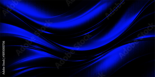 A dark abstract blue background featuring glowing light waves and flowing purple lines in a smooth fractal pattern with motion energy for a textured art wallpaper backdrop