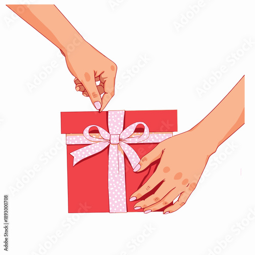 Illustration of Hands Opening a Red Gift Box with a Polka Dot Ribbon, Signifying Anticipation and Excitement in the Moment of Unwrapping a Surprise