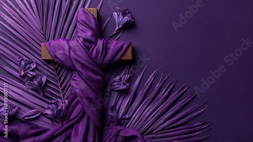 A vibrant purple fabric wrapped around a wooden cross with palm leaves on a solid purple background for Lent or Ash Wednesday