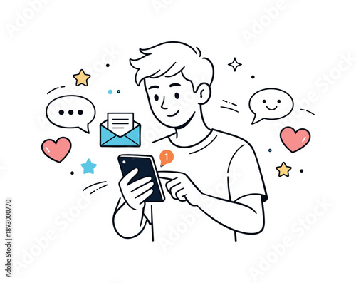 Digital Email Interaction. Email marketing engagement. Subscriber interacting with emails on a smartphone, positive and friendly digital experience. Heart