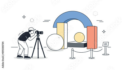 Gallery Photography Setup. Gallery photography session. Photographer adjusting camera and tripod to capture a large installation, with attention to perspective