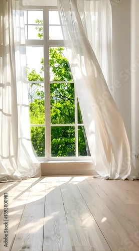 White curtains gently wave in the breeze by an open window overlooking a lush green park on a bright sunny day
