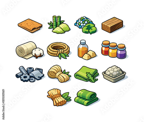 Sustainable Material Icons. Sustainable materials. Colorful isometric vector icons set of sustainable materials: cork sheet, bamboo fibers, recycled plastic