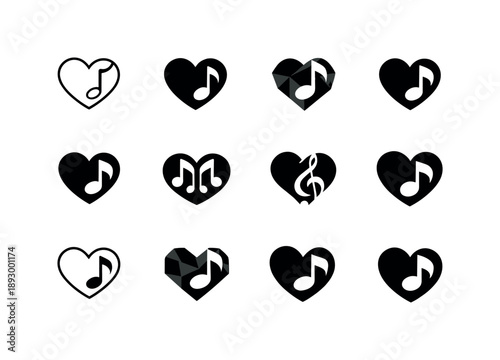 Soulful Music Icons. Soulful music. Icon set. Set Logo of Soulful music: human heart with musical note. harmonious logo variations of the same emblematic