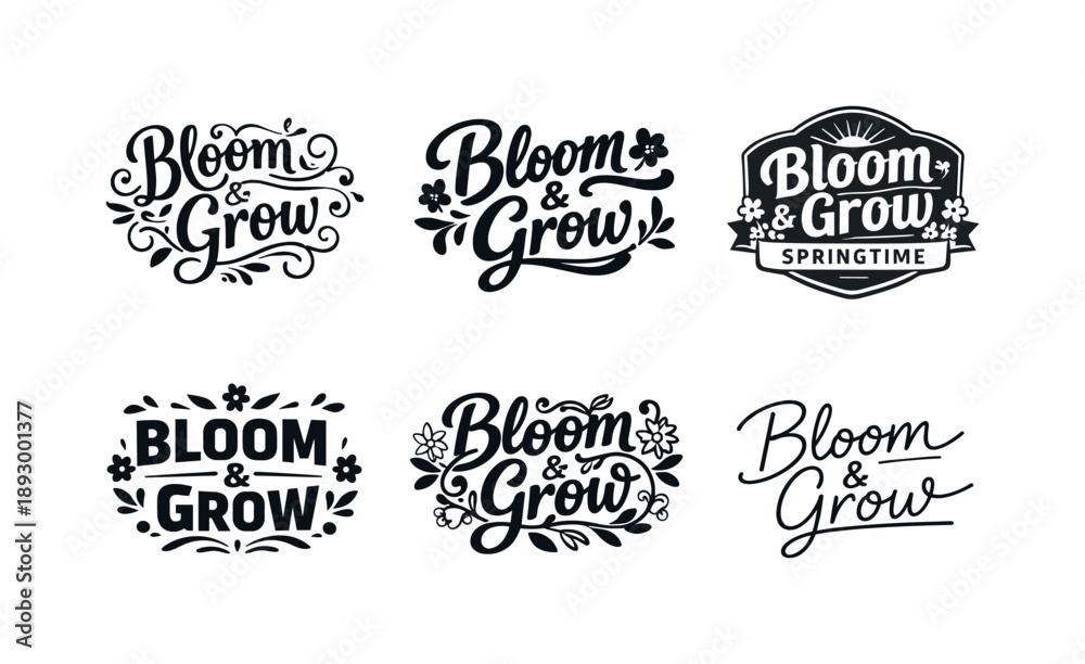 Fototapeta premium Spring Lettering Variations. Bloom and grow spring lettering quotes. Set lettering. harmonious lettering variations of the same emblematic concept, each with