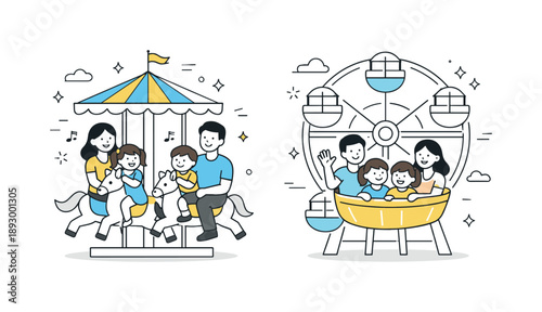 Amusement Park Joy. Family in amusement park rides. Parents and children enjoying a gentle ride like a carousel or Ferris wheel, relaxed gestures and happy