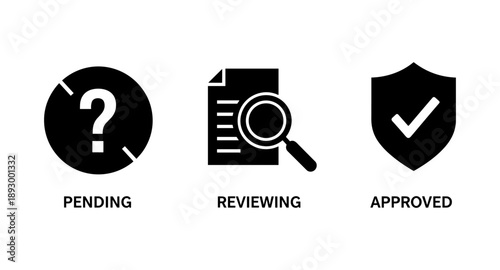 Workflow status icons: pending, reviewing, and approved stages of a process