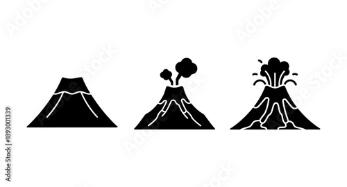 Three stages of volcano eruption shown as simple black icons on white background