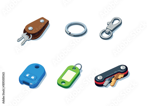 Isometric Accessories Grid. Accessories. Isometric flat vector icons set of Accessories: leather key holder, metallic key ring, detachable clip hook,