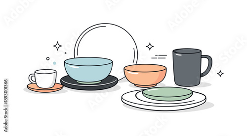 Minimal Ceramic Tableware. Modern tableware display. Minimal ceramic tableware on a neutral surface, a mix of bowls, plates, and cups showing