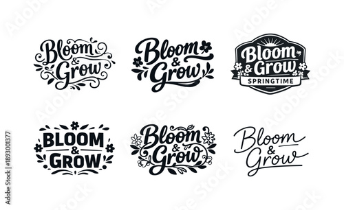 Spring Lettering Variations. Bloom and grow spring lettering quotes. Set lettering. harmonious lettering variations of the same emblematic concept, each with