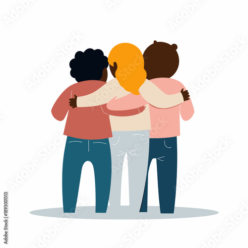 Illustration of three diverse friends embracing in unity, representing friendship, acceptance, and togetherness, symbolizing support and inclusivity.